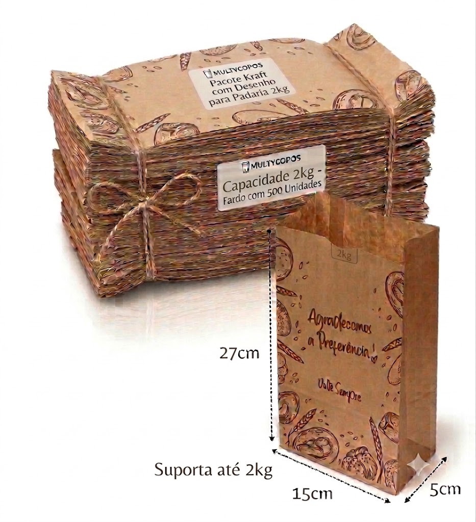 Pacote Kraft 2kg com Desenho - Tamanho 27cm x 15cm x 5cm - Fardo com 500 Unidades