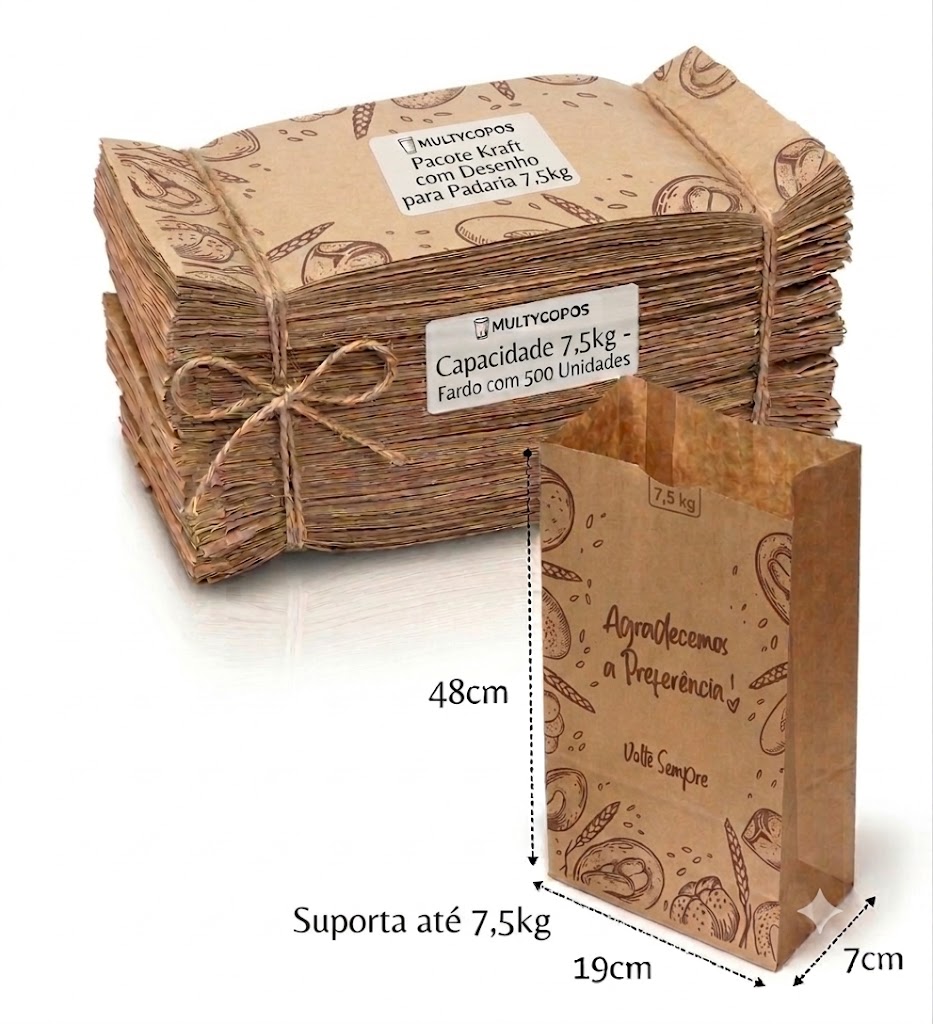 Pacote Kraft 7,5kg com Desenho - Tamanho 48cm x 19cm x 7cm - Fardo com 500 Unidades