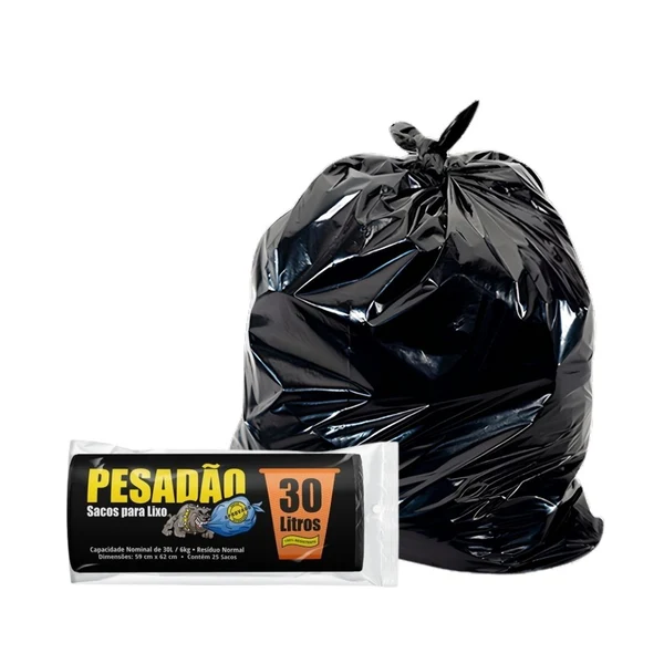 Saco Preto em Rolo para Lixo - Bio de 30 Litros - Supota até 6kg - Tamanho 59cm x 62cm - Pacote com 10 Unidades - PESADÃO