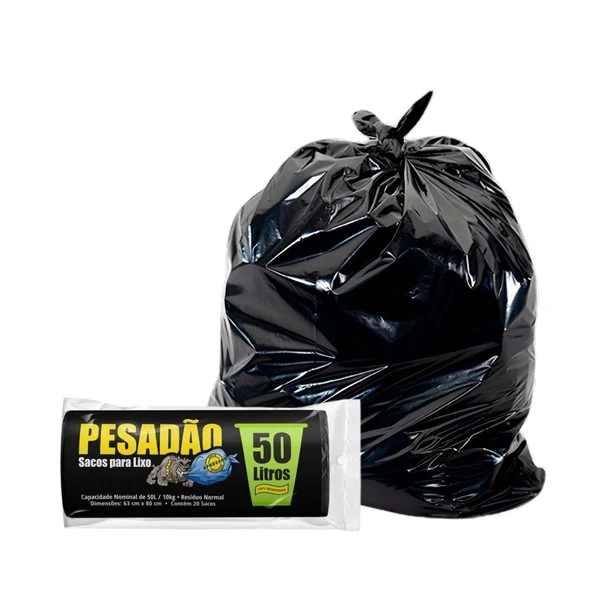Saco Preto em Rolo para Lixo - Bio de 50 Litros - Suporta até 10kg - Tamanho 63cm x 80cm - Pacote com 10 Unidades - PESADÃO
